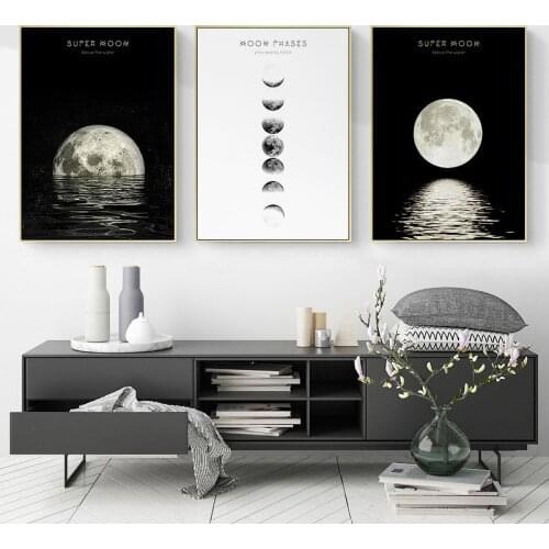 Minimalist Full Moon Poster Art Black White Moon Phases Prints Solar System Canvas Picture Painting Decoration for Living Room