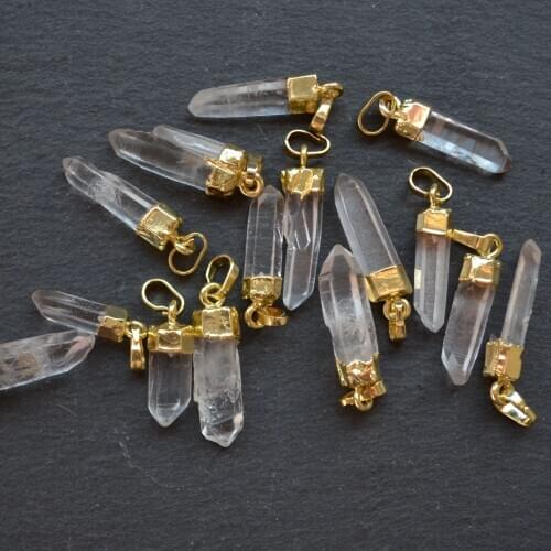 Nature gem stone clear crystal point pendant ,white quartz pendants with Electroplated gold edges