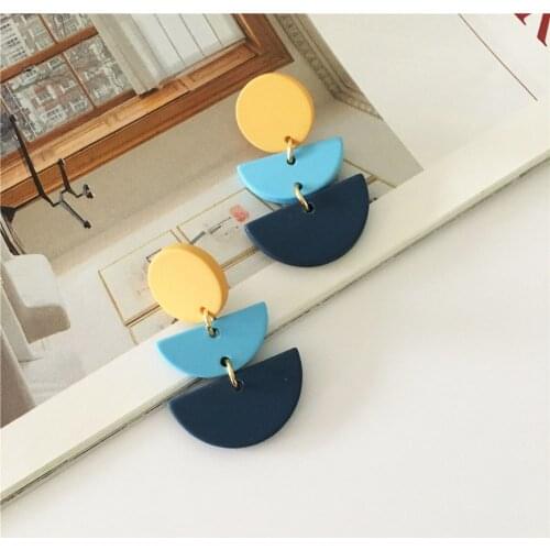 Casual Mustard Circle Sky Blue Half Circle Linked Geometric Drop Earrings For Women Girl Elegant Unique Office Modern Jewelry