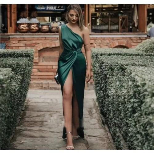 Verngo Simple Green Satin One Shoulder Evening Party Dresses Pleats Front Side Maxi Long Prom Gowns Women Occaison Garment