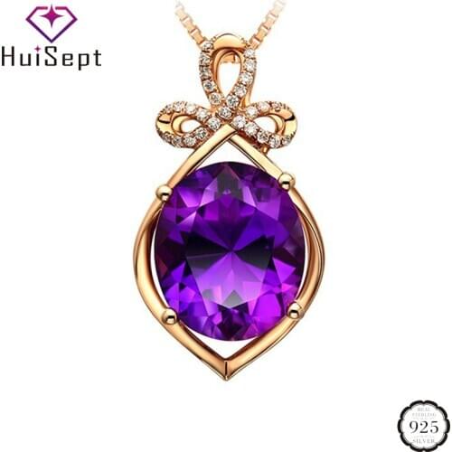 HuiSept Luxury Silver 925 Jewelry Necklace with Amethyst Zircon Gemstone Pendant Ornament for Women Wedding Party Gift Rose Gold