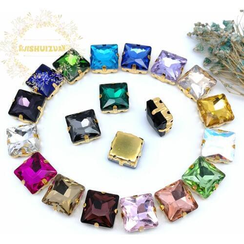 Mix color Square Crystal Glass Sewing Rhinestones with gold Claw Rhinestones for Diy wedding Dress and Bags