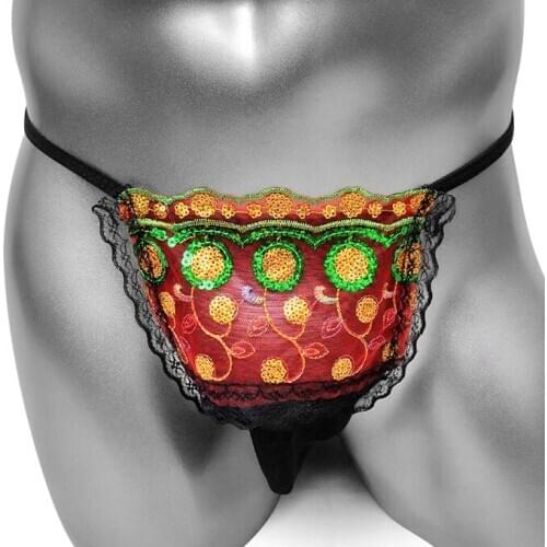 Embroidery Sissy Men G Strings Panties Paillette With Bulge Pouch High Quality Brand Underwear Thong Sexy Gay Male Lingerie