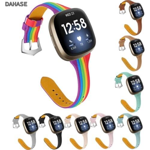 Slim Rainbow Genuine Leather Band For Fitbit Versa 3 Smart Watch Strap Leather Belt For Fitbit Sense Bracelet Wristbands