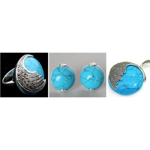 Vintage Blue jade 925 Sterling Silver Marcasite Ring (#7-10) pendant and earrings sets