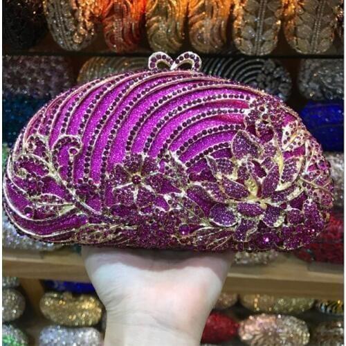 High-End Womens Purple Flower Box Crystal Evening Clutch mini night Purse Bag Floral Sequin Rhinestone Purse With Chain handbag