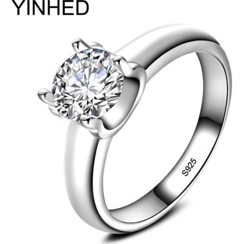 YINHED Classic Wedding Rings for Women Shiny 2 Carat AAA+ Cubic Zircon CZ Jewelry 925 Sterling Silver Engagement Ring ZR305
