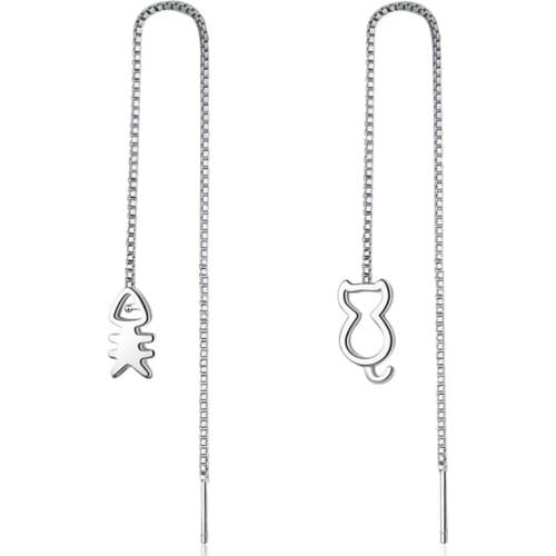 KOFSAC New Fashion 925 Sterling Silver Earrings For Women Jewelry Creative Cute Cat Fish Ear Line Hollow Asymmetric Earring Gift