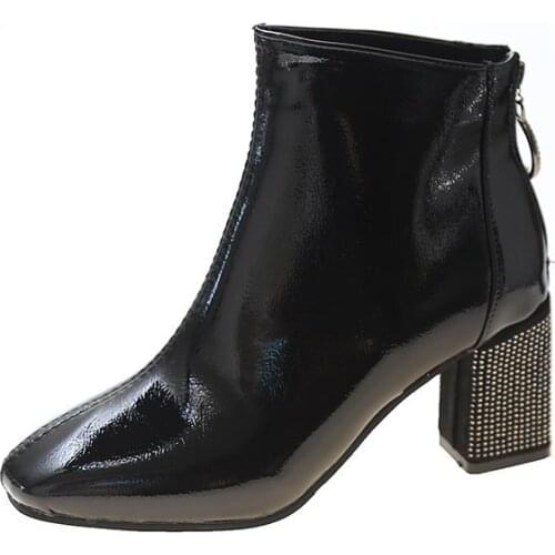 Trend New Med Heels Ankle Boots Womens Fashion Smooth Surface Leisure Solid Pointed Toe Crystal Bling Shoes Women boot MUJER