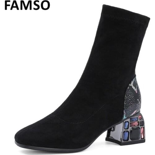 Womens Ankle Boots Square Toe Elastic Boots Thick Heel High Heels Shoes Woman New Winter Female Socks Boots Plus size 33-43