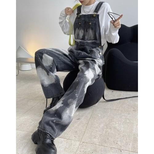 Spring Autumn New Female Street Cool Black Gray Washed Denim Overalls High Waist Loose Casual Jean Jumpsuits for Women Y1573