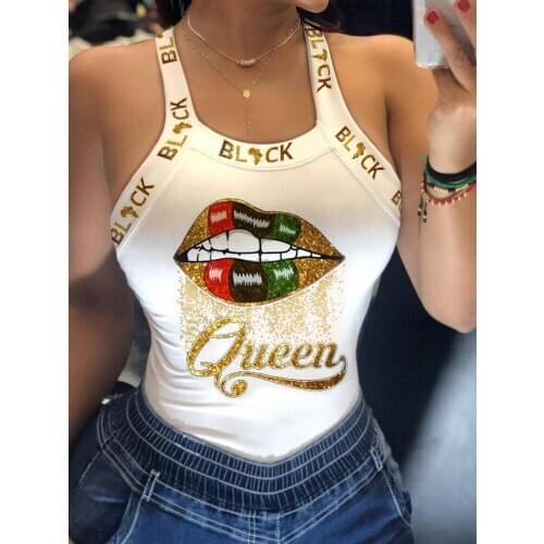 2020 Women Fashion Sexy Summer Glittering Lip/Queen Print U-neck Tank Top