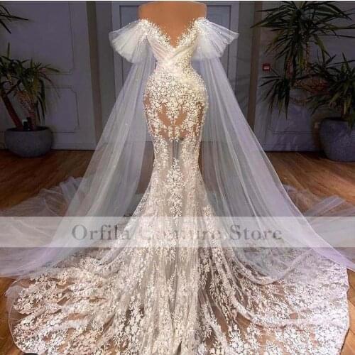 See Through Illusion Lace Mermaid Wedding Dresses Major Pearls Beaded With Wrap Bridal Gown 2021 Vestidoe De Novia