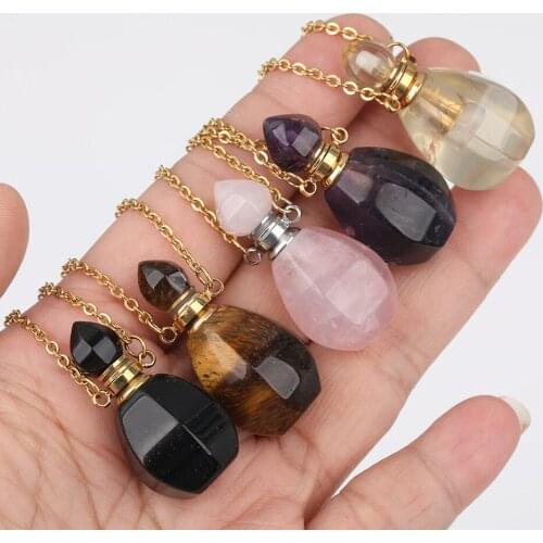 Natural Black Agates Perfume Bottle Pendant Necklace For Women Pink Quartz Essential Oil Bottle Gold Chains Necklace DSS-267JBBE