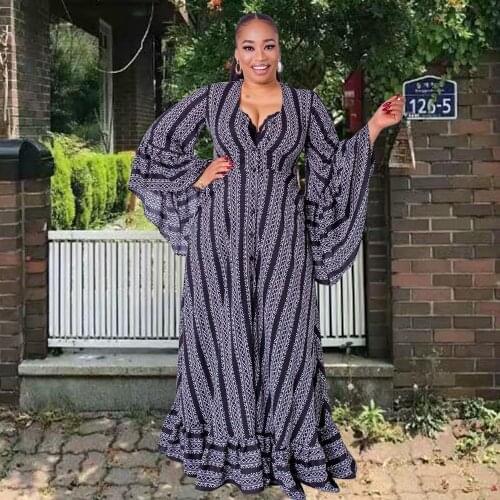 Classic Print Autumn African Bobo Dresses Women V-neck Flared Sleeve Long Maxi Dress Vintage Retro Abaya Clothes Elegant Daily