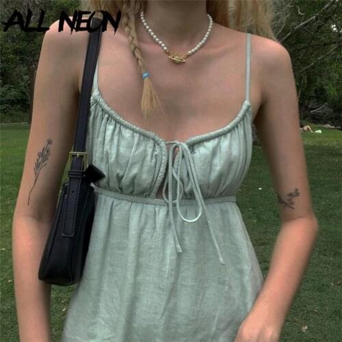 ALLNeon 90s Fashion Drawstring Lace-up Ruffles Short Dresses Y2K Streetwear Backless Strapled Milk Maid Dress Green A-line 2021