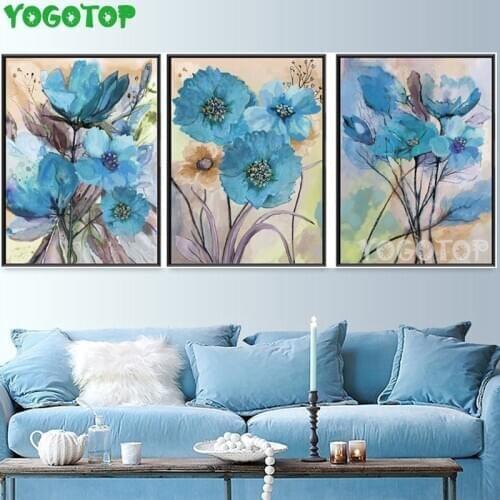 Blue poppies flowers diamond embroidery square round diy diamond painting cross stitch 3 pcs handmade needlework mosaic ML1467