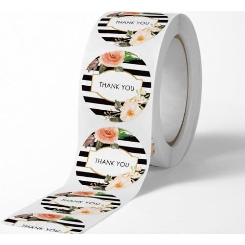 500pcs/roll 1 inch Black White Striped Flowers Thank You Stickers for Wedding Favors Party Seal Packing Label Stationery Sticker