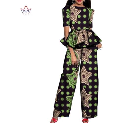 Bintarealwax Women Pant Sets Dashiki Crop Ruffles Top and Hight Waist Pant Africa Clothing Wax Print Pants Plus Size 7XL WY8680