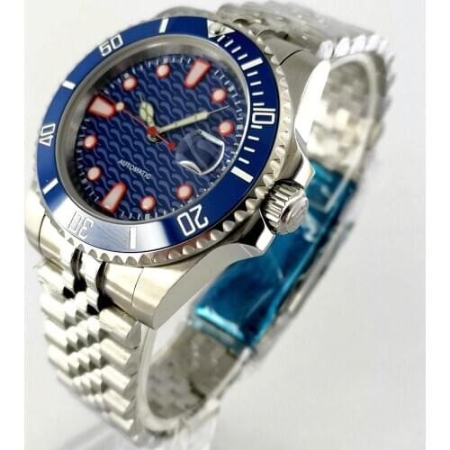 Bliger 40mm sterile watch silver stainless steel case sapphire glass ceramic bezel luminous mens top luxury waterproof watch