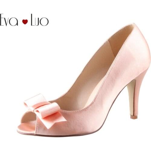 CHS435 Peep Toe Bow Peach Satin Dress Pumps Bridal Wedding Shoes Plus Size Women Pumps High Heels Shoes For Party