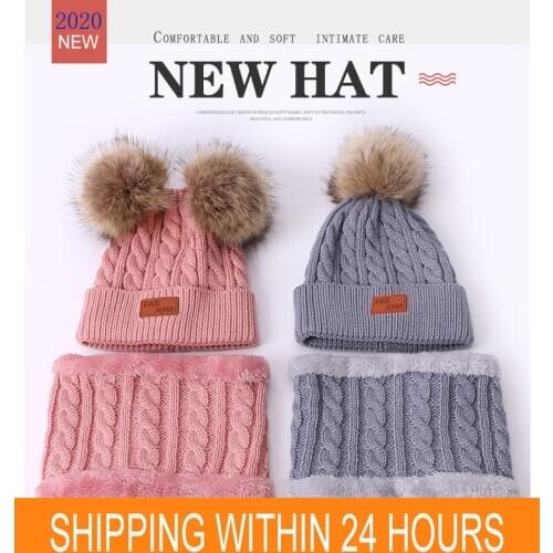 Enfant Hat Scarf Suit Two Piece Pompom Fashion Lavable Cartoon Infant Baby Girl Boy Winter Hat Warm Knitted Beanie Kids Cap