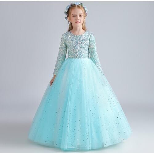 Flower Girl Dresses Illusion Luxury Princess Full Sequined O-Neck Ball Gown Floor-Length Tulle Elegant Lace Kid Party Skirt H075