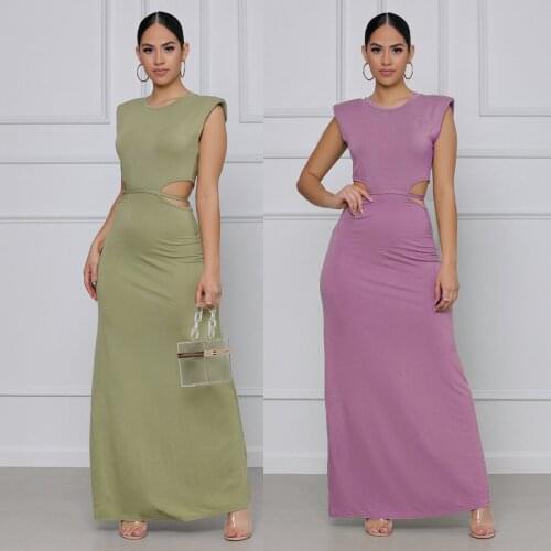 Elegant Maxi Dress Solid Color Casual Temperament Commuter Hollow Out Outits Sleeveless Womens Summer Long Skirt Tank O-Neck