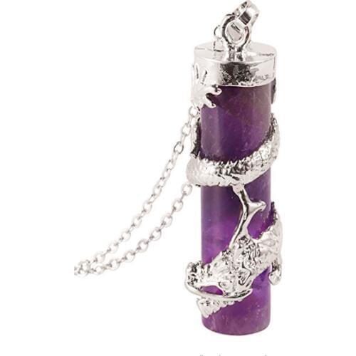 FYJS Unique Jewelry Silver Plated Chinese Dragon Wrap Cylinder Pendant Natural Purple Amethysts Stone Necklace
