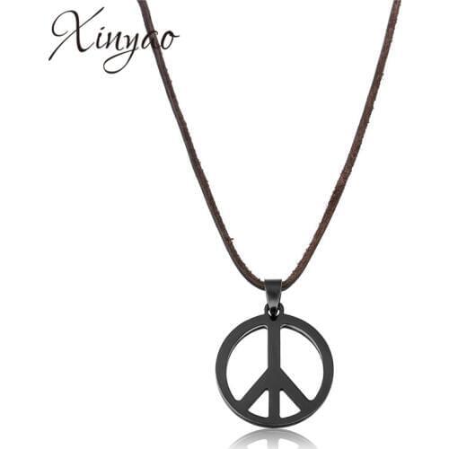 XINYAO Black Stainless Steel Titanio Peace Necklaces & Pendants For Men Hippie Punk Long Leather Necklace Male Jewelry