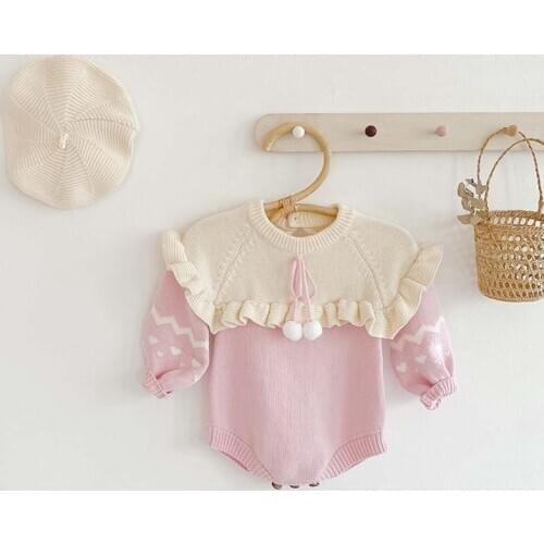 Baby Knitted Bodysuit Autumn Baby Girls Baby Long-Sleeved Knitted Bodysuit Dress Triangle Baby Jumpsuit Crawling Clothes