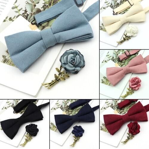 Sweet Cotton Solid Color Bowtie Brooch Set Beautiful Floral Rose Pin Butterfly Party Wedding Ties Gift Cravat Men Accessory