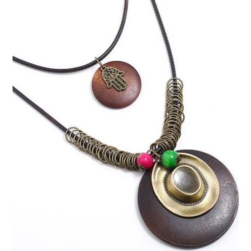 Fashion Vintage Women Multilayer Leather Necklace Alloy Cowboy Hat Hamsa Hand Pendant Statement Long Chain Casual Retro Jewelry