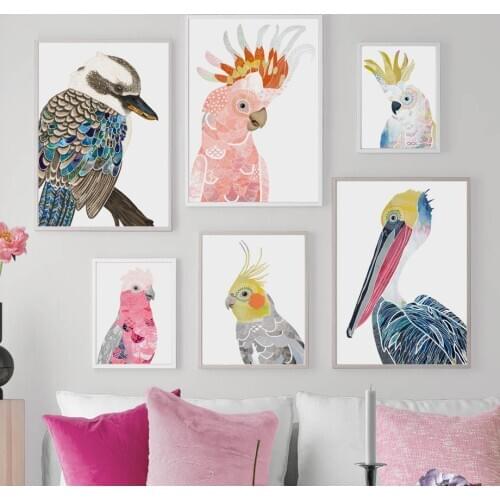 Cartoon Colorful Bird Parrot Sparrow Feather Long-Billed Sandpiper Poster Wall Art Cute Animals Canvas Painting for Kids Room