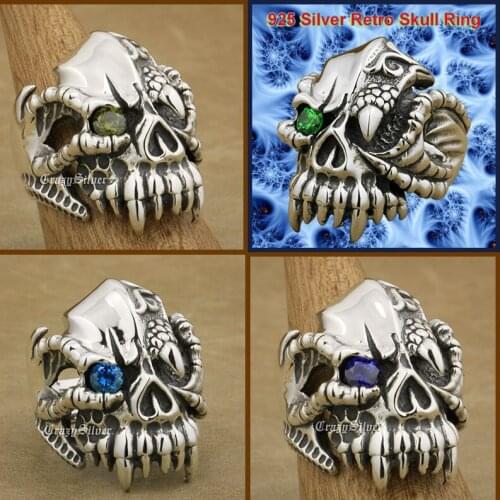 925 Sterling Silver Cool Mens Dragon Claw Beast Skull Ring Punk Rock Retro Individuality CZ Stone Ring 9M1202 US Size 7~15