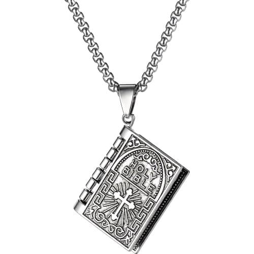Retro Personality Bible Book Pendant Necklace Religious Cross Necklace Fashion Mens Punk Hip Hop Jewelry Birthday Gift