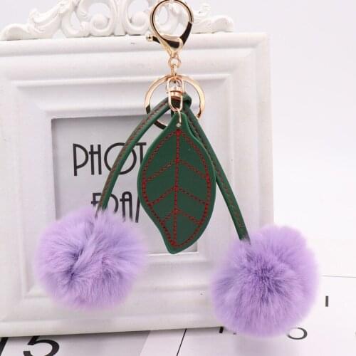 Fluffy Pompon Fur Ball Key Chain For Women Cherry leaf bag pendant Faux Rabbit Fur Pompom Keychain Trinket Charm Bag Key Ring
