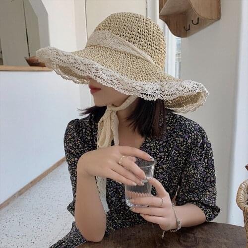 New Summer Straw Hats for Women Retro Lace Hat Brim Hand-made Straw Hat Ladies Outdoor Sun Cap Beach Straw Hat