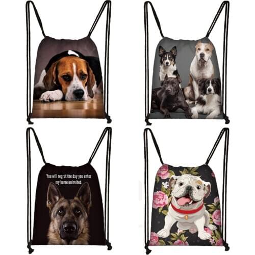 Dog German Shepherd / beagle / bulldog print drawstring bag puppy women men fashion storage bag ladies shopping bags backpack