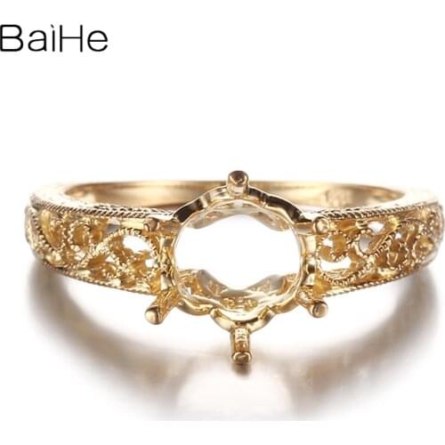 BAIHE Solid 10K Yellow Gold Certified Round Cut Engagement Women Vintage Fine Jewelry Elegant unique Semi Mount Ring