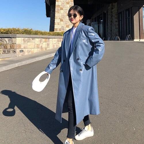 Womens 2021 new spring and autumn jacket long bright color pu leather windbreaker womens temperament windbreaker leather jacke