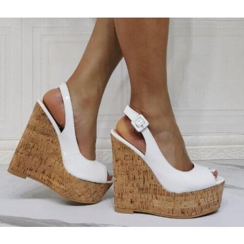 Dipsloot Newest Girls White Leather Peep Toe Platform Wedge Sandals Woman Fashion Buckle Strap Slingback Super High Heels Shoes