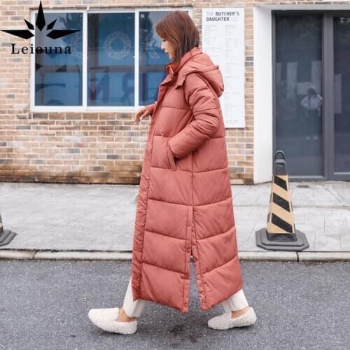 Leiouna X Long Long Down Cotton 2021 Women With Hooded Padded Loose Warm Thicken Winter Warm Jacket Over The Knee Winter Coat