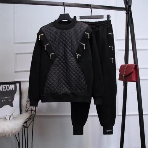2021 new suit womens fashion diamond plaid zipper loose sweater jacket and casual pants 2-piece set