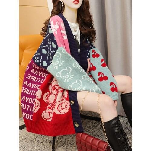 TIGENA Oversized Knitted Cardigan for Women 2021 Autumn Winter Cartoon Print Long Sleeve Sweater Cardigan Female Streetwear Coat