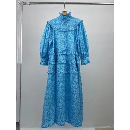 Fashion Runway Summer Long Sleeve Dress Womens Floral Print Elegant Party Holiday Long Loose Cotton Dress