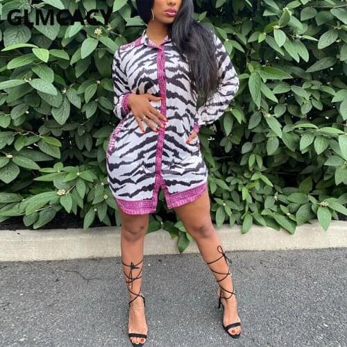 Women Long Sleeve Tiger Skin Printed Shirt Dress Slim Button Up Mini Dress