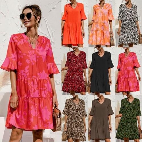 New 2021 Fashion Women Dress Print V-Neck Half Flare Sleeve Summer Dress Plus Size Loose Casual A-Line Vestidos Beach Robe Femme