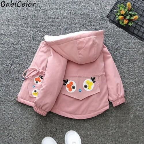Winter Girls Korean Style Western Style Plus Velvet Jacket Baby Girls Cartoon Pattern Thick Hooded Windbreaker