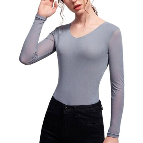 2021 Spring long sleeve V neck sexy mesh T-shirts women body stretchy mesh T-shirt women transparent lace T-shirt inner mesh top